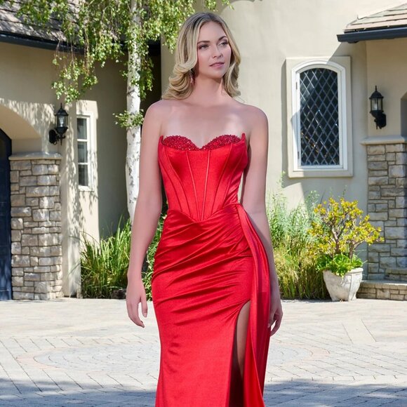 New Strapless Beads Embellihsed Prom Gown w/ Sweetheart Neck & Side Drape GL3690 - Picture 8 of 15